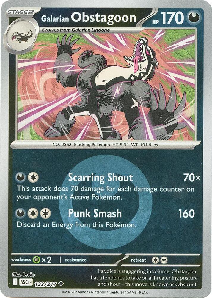 Galarian Obstagoon - 132/217 (Energy Symbol Pattern) Reverse Holofoil ME: Ascended Heroes Uncommon 132/217