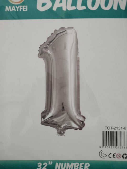 Foil Balloon-Number 1 Silver 32",(5.5)"