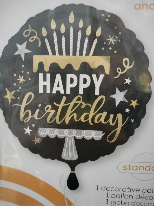Foil Balloon-Satin Blk/Sil/Gld B/Day 18''