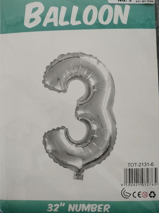 Foil Balloon-Number 3 Silver 32"