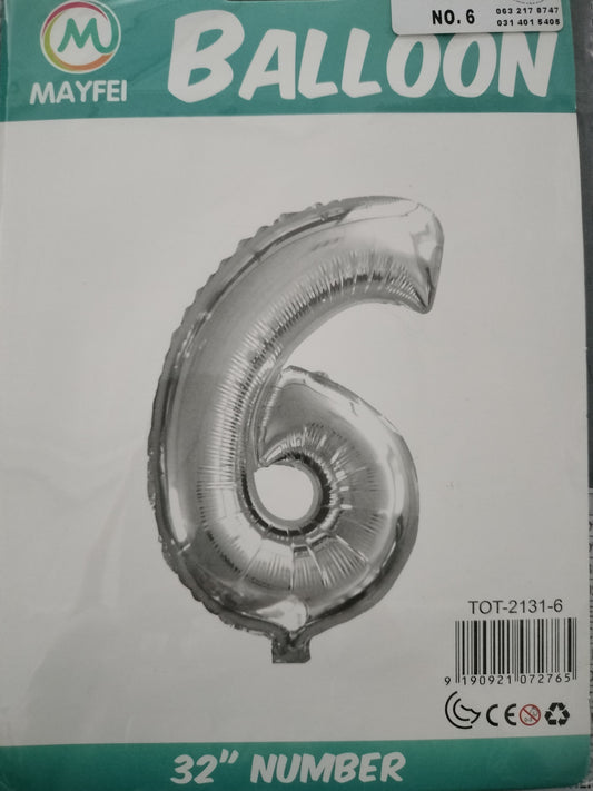 Foil Balloon-Number 6 Silver 32"