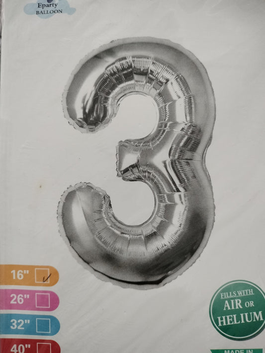 Foil Balloon-Number 3 Silver 16"