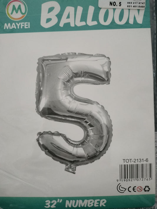 Foil Balloon-Number 5 Silver 32"