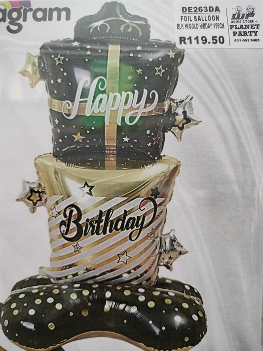 Foil Balloon-Blk w/Gold H/Bday Stand 156cm
