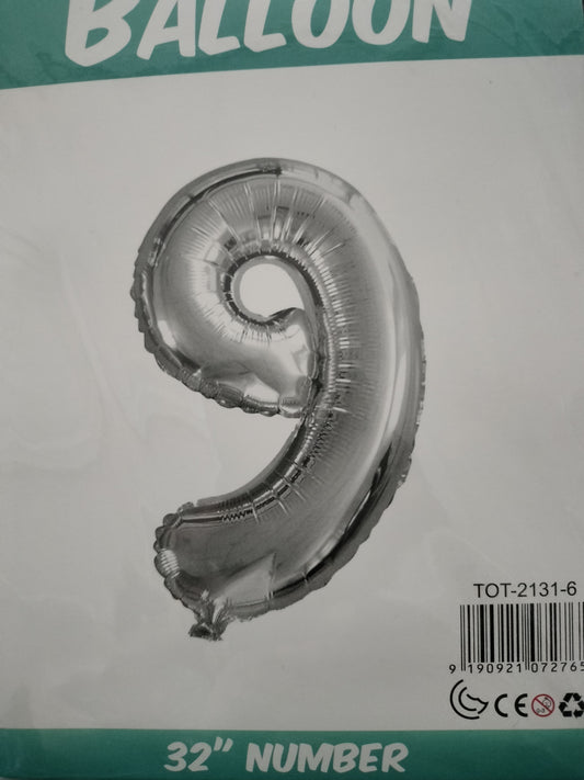 Foil Balloon-Number 9 Silver 32"