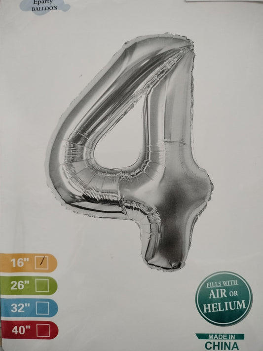 Foil Balloon- Number 4 Silver 16"