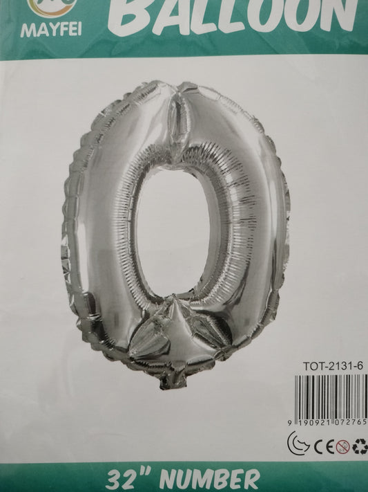 Foil Balloon-Number 0 Silver 32",(5.5)"